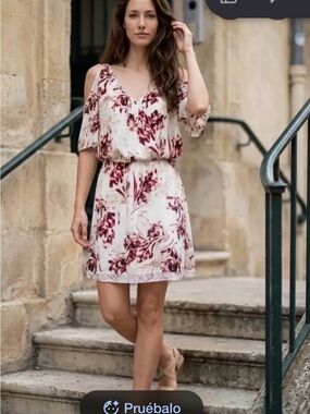 White House Black Market Cream Dress with Burgundy Floral Print